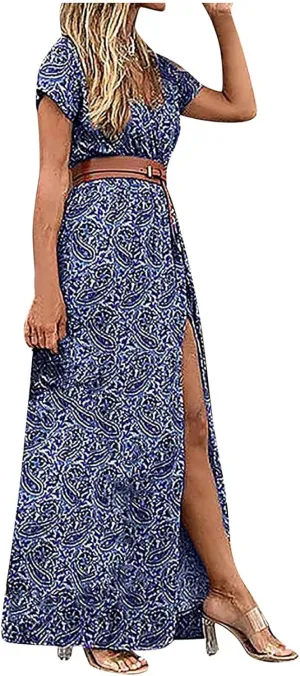 Women's 2025 Summer Boho Dresses Floral Short Sleeve Maxi Dress Sexy V Neck Swing Dress Slit Long Dresses Sundresses