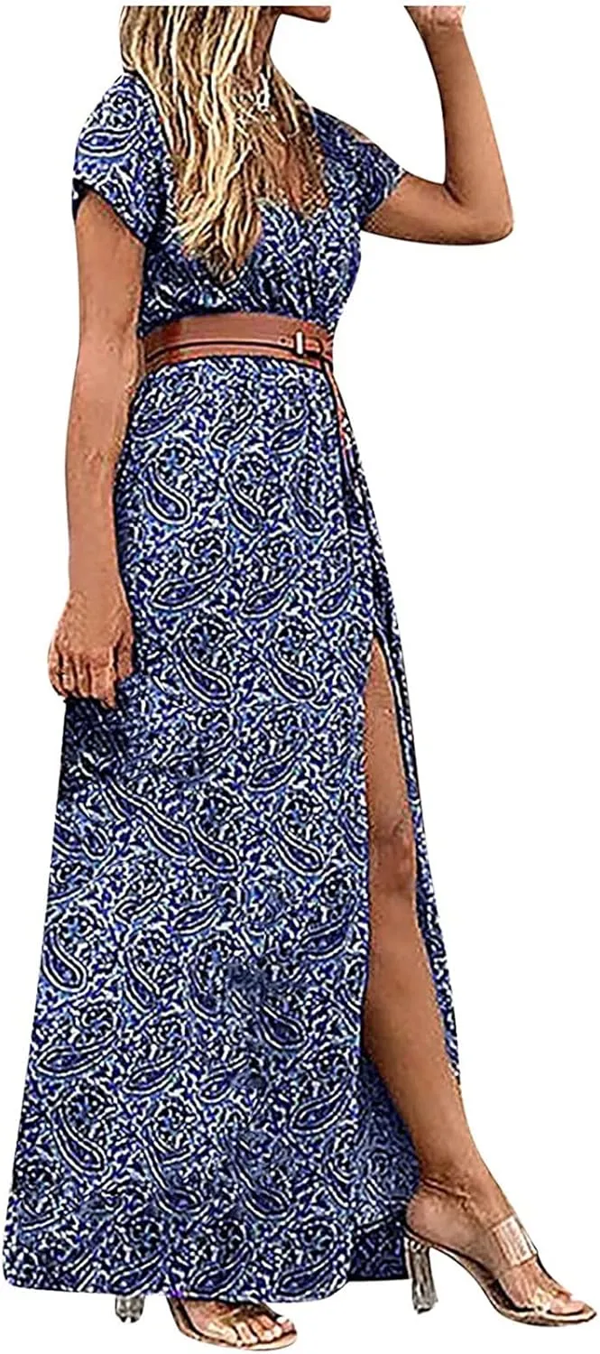 Women's 2025 Summer Boho Dresses Floral Short Sleeve Maxi Dress Sexy V Neck Swing Dress Slit Long Dresses Sundresses