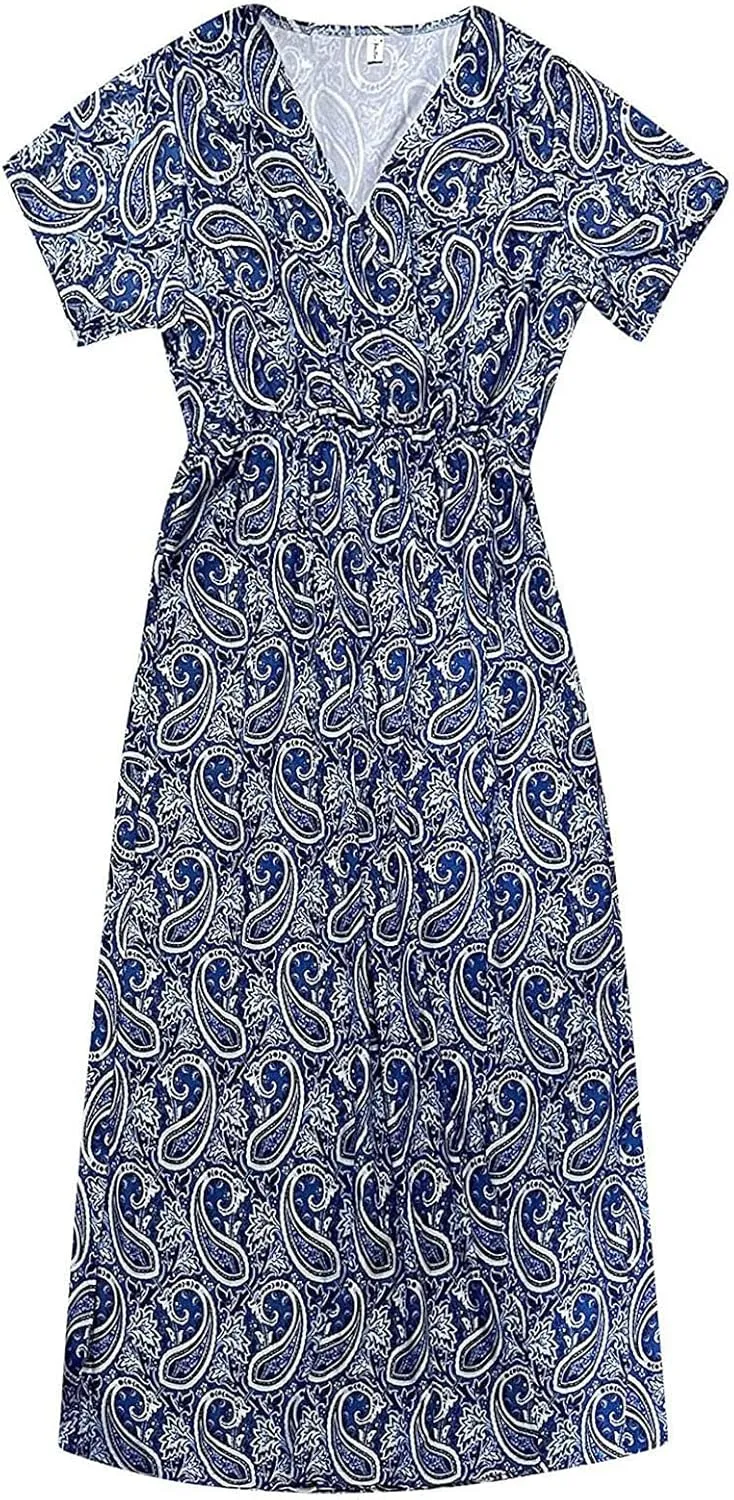 Women's 2025 Summer Boho Dresses Floral Short Sleeve Maxi Dress Sexy V Neck Swing Dress Slit Long Dresses Sundresses
