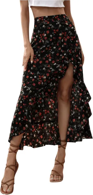 Womens Boho Floral Slit Maxi Skirt Ruffle Flowy High Waisted A Line Skirts Summer Beach Long Skirt