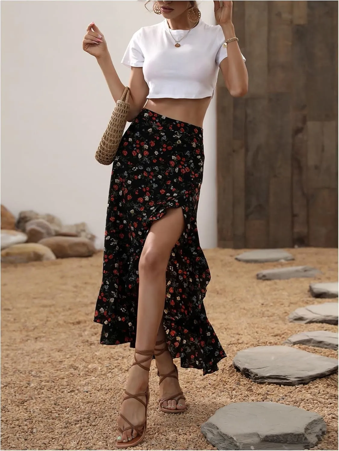 Womens Boho Floral Slit Maxi Skirt Ruffle Flowy High Waisted A Line Skirts Summer Beach Long Skirt