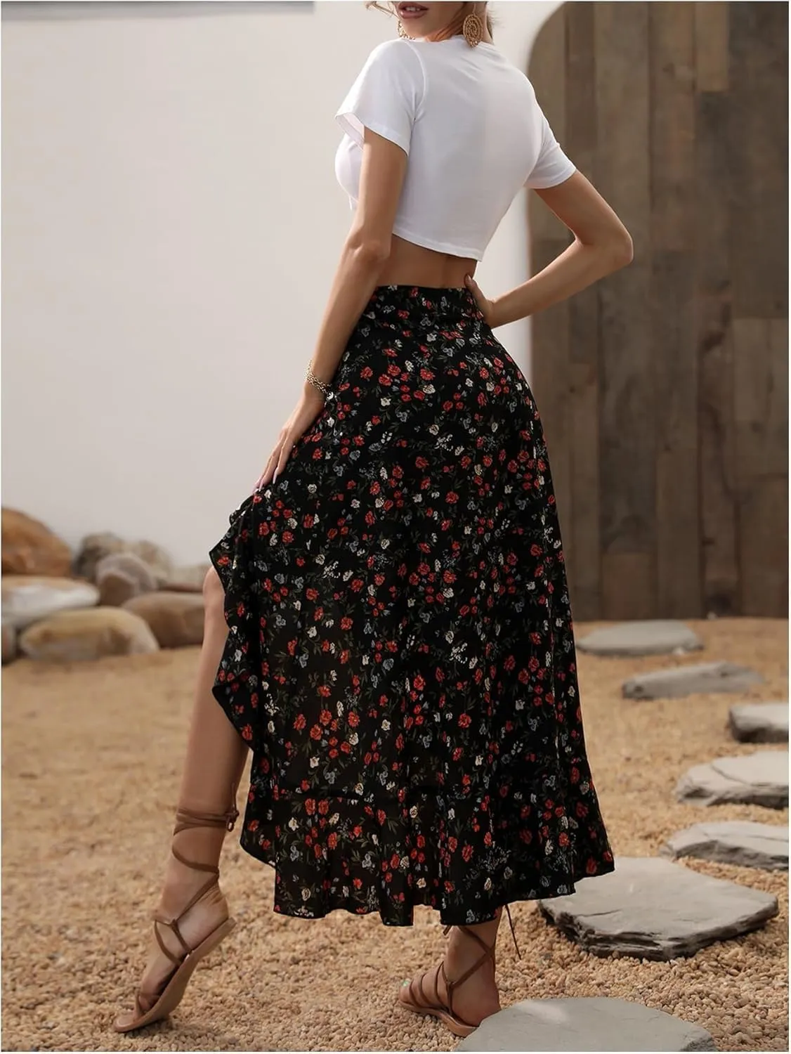 Womens Boho Floral Slit Maxi Skirt Ruffle Flowy High Waisted A Line Skirts Summer Beach Long Skirt