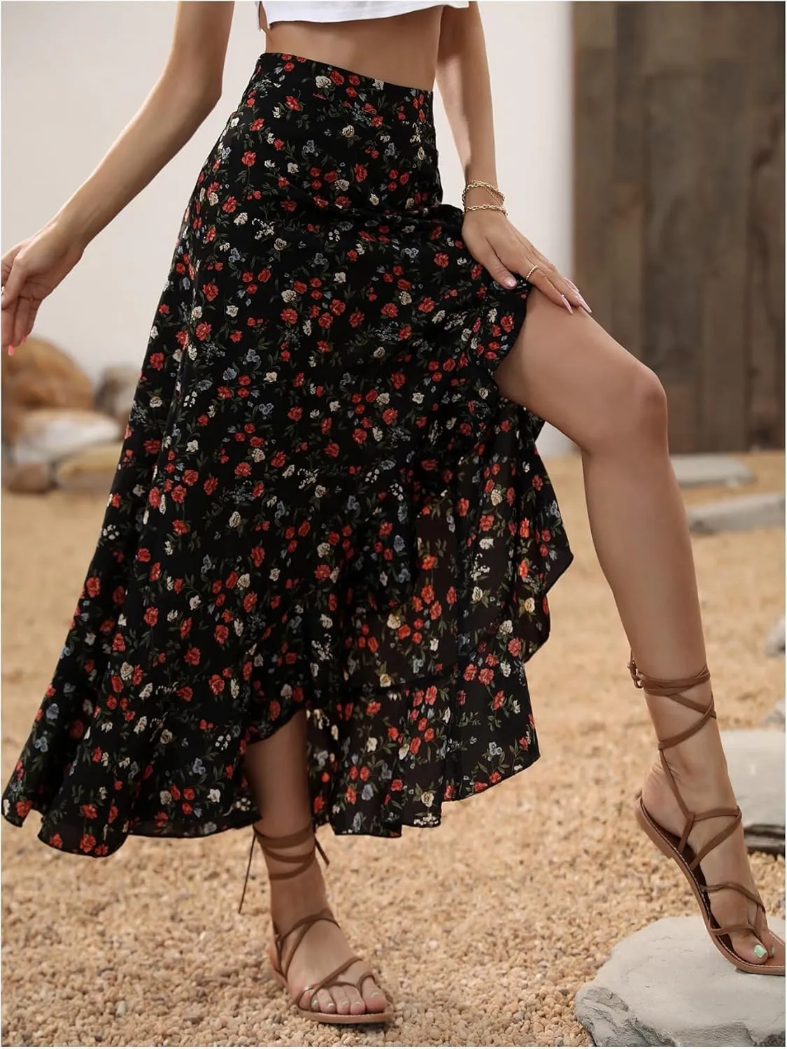 Womens Boho Floral Slit Maxi Skirt Ruffle Flowy High Waisted A Line Skirts Summer Beach Long Skirt