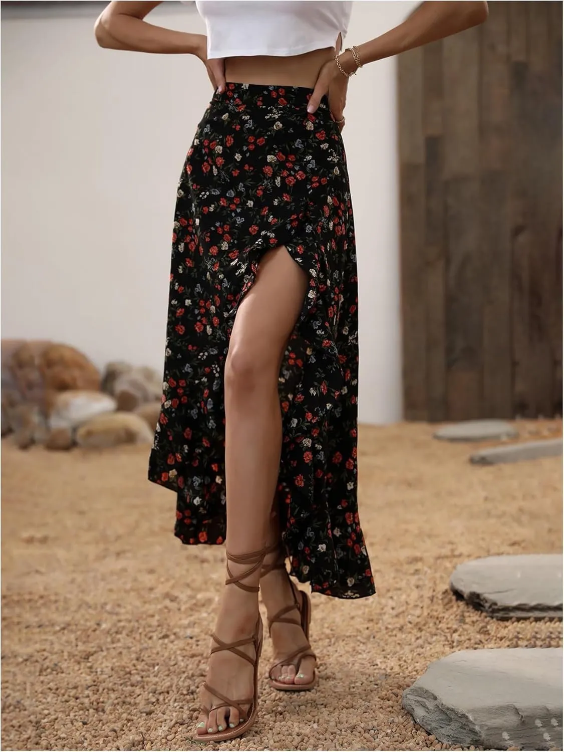 Womens Boho Floral Slit Maxi Skirt Ruffle Flowy High Waisted A Line Skirts Summer Beach Long Skirt