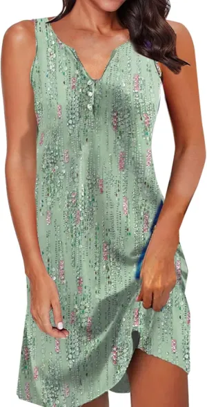 Women's Boho Midi Dress 2024 Summer Casual Sleeveless Button V Neck Trendy Dress Plus Size Floral Sexy Party Dress