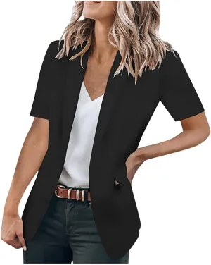 Women's Business Short Sleeve Blazer Jacket Casual Solid Open Front Tops Lapel Button Work Office Blazer Coat