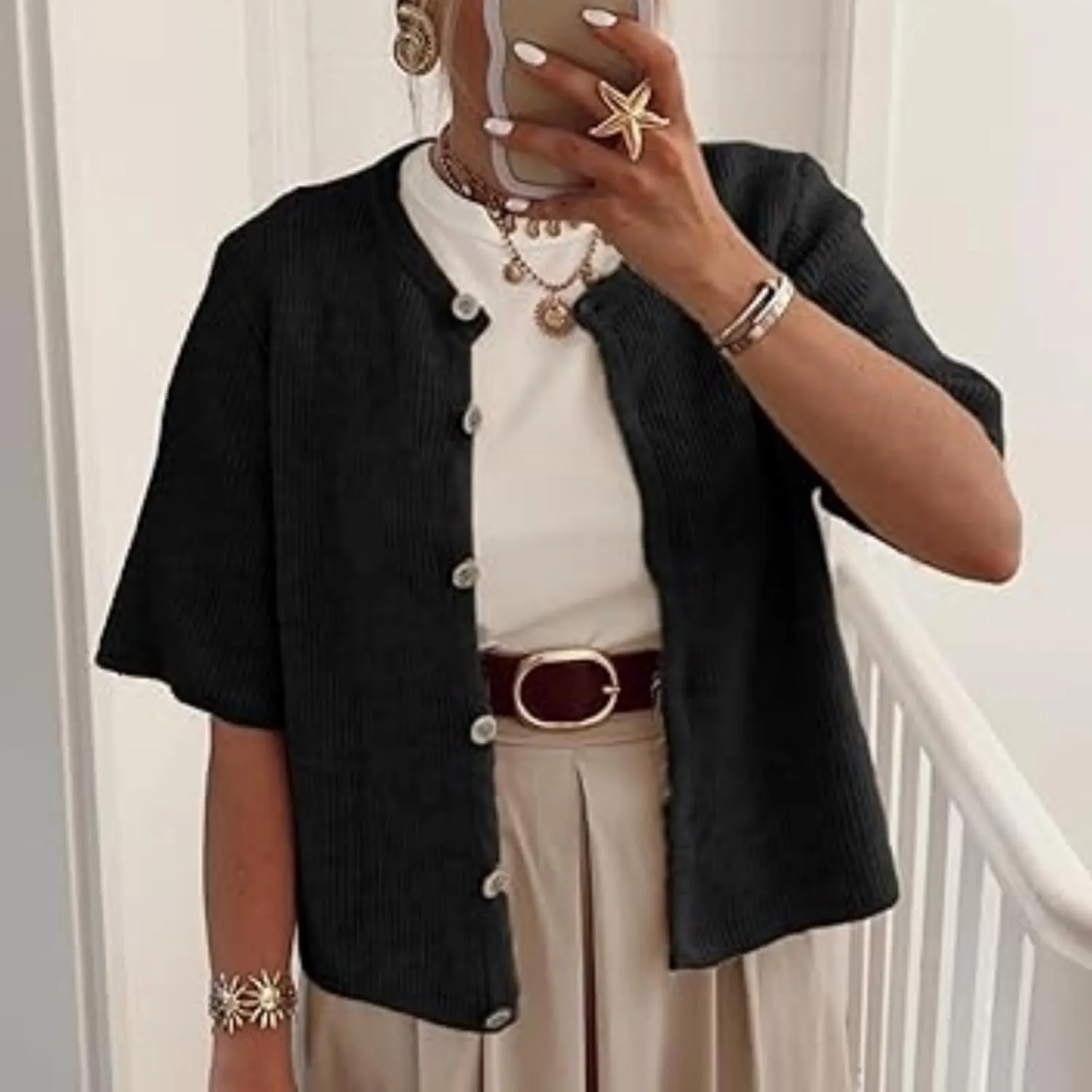 Womens Button Up Short Sleeve Cardigans Sweater Cropped Lightweight Round Neck Elegant Knit Tops with Pockets