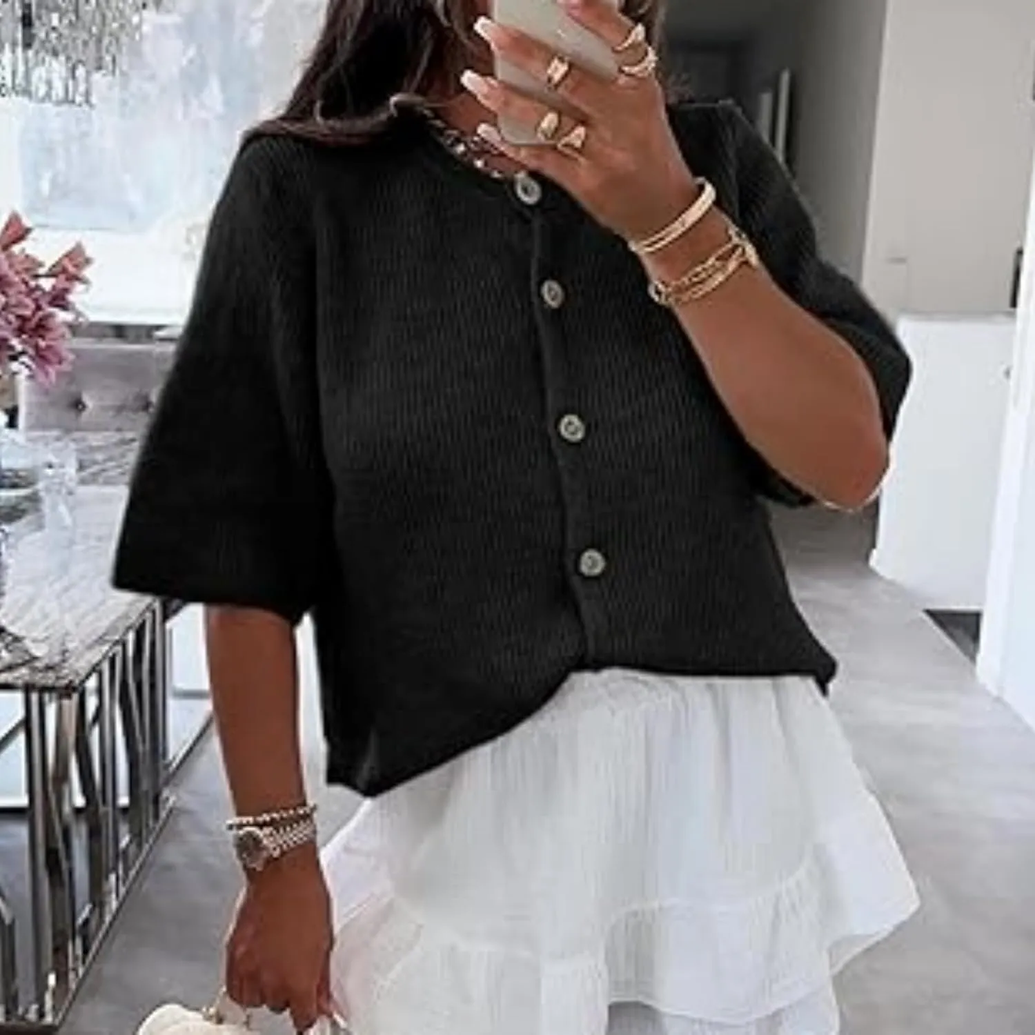 Womens Button Up Short Sleeve Cardigans Sweater Cropped Lightweight Round Neck Elegant Knit Tops with Pockets