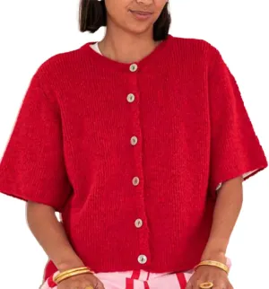 Womens Button Up Short Sleeve Cardigans Sweater Cropped Lightweight Round Neck Elegant Knit Tops with Pockets