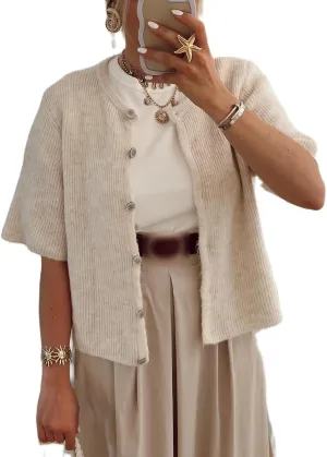 Womens Button Up Short Sleeve Cardigans Sweater Cropped Lightweight Round Neck Elegant Knit Tops with Pockets