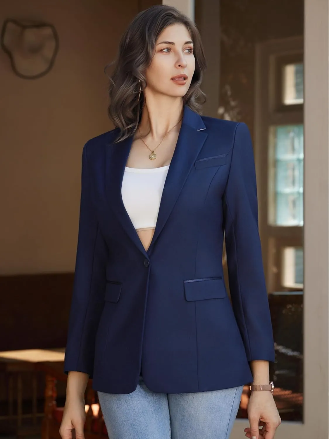 Women's Casual Business Blazer Notched Lapel One Button Open Front Long Sleeve Blazers Office Work Suit Jackets