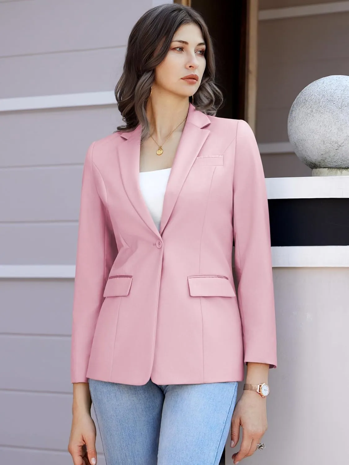 Women's Casual Business Blazer Notched Lapel One Button Open Front Long Sleeve Blazers Office Work Suit Jackets