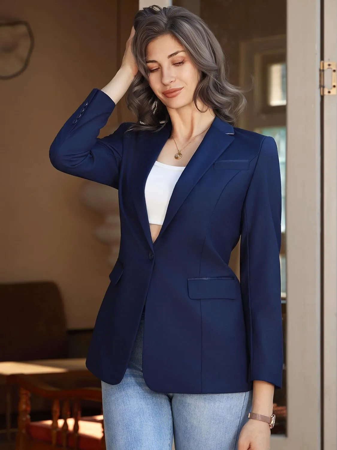 Women's Casual Business Blazer Notched Lapel One Button Open Front Long Sleeve Blazers Office Work Suit Jackets