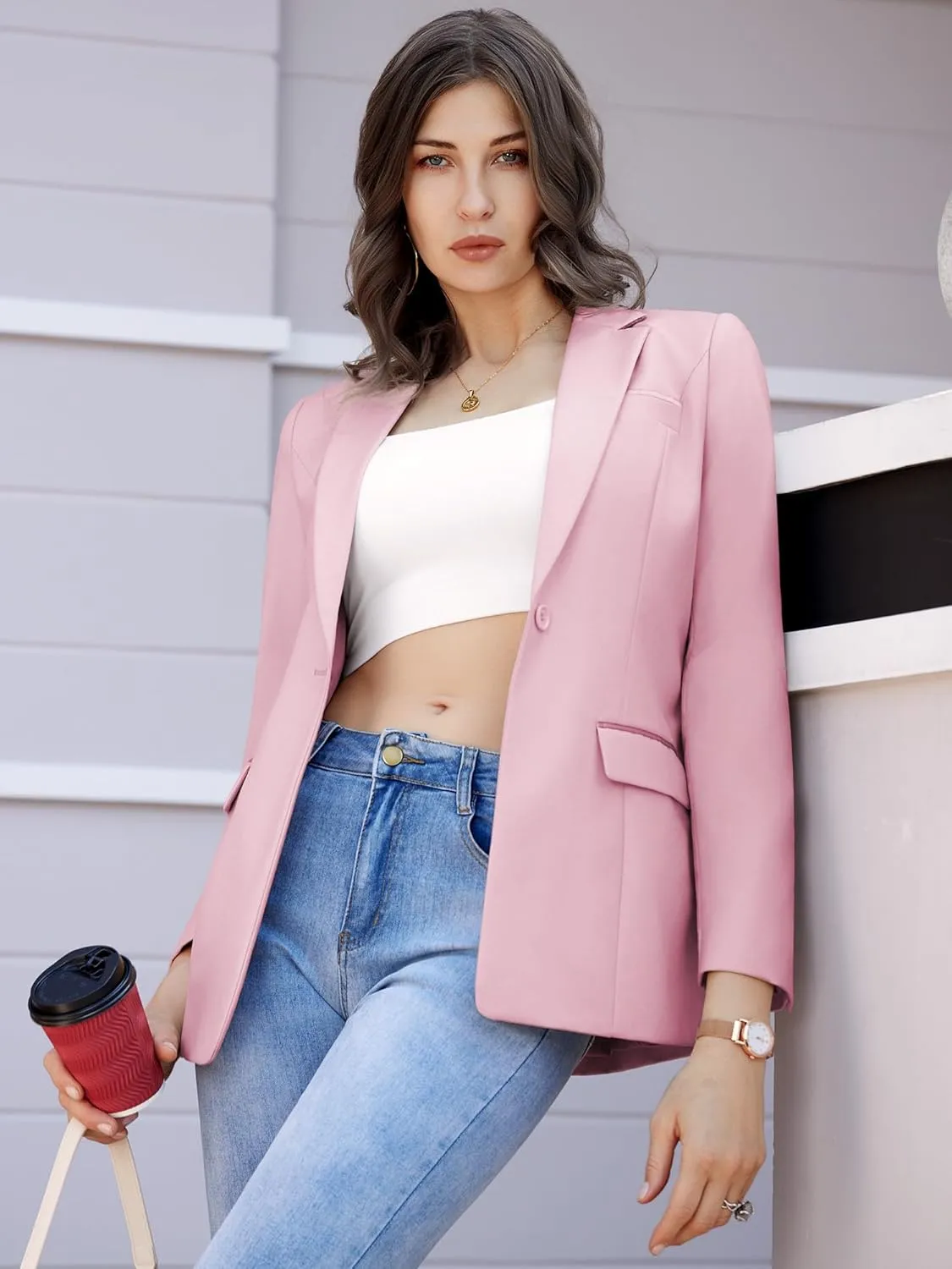 Women's Casual Business Blazer Notched Lapel One Button Open Front Long Sleeve Blazers Office Work Suit Jackets