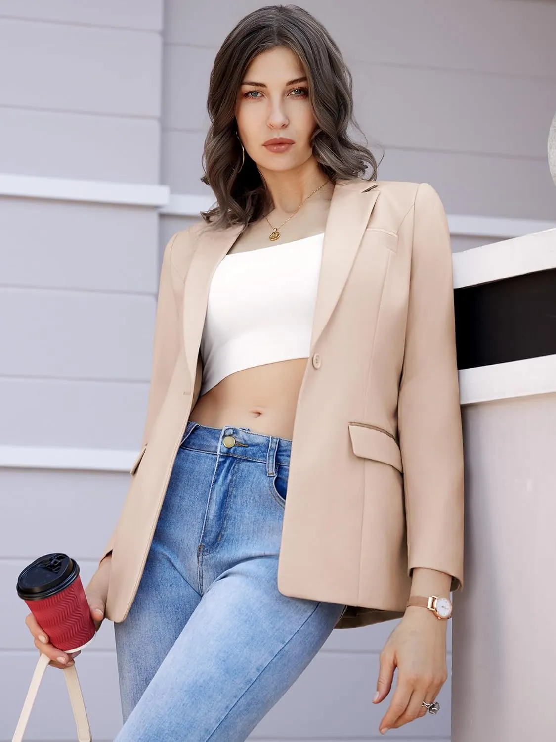 Women's Casual Business Blazer Notched Lapel One Button Open Front Long Sleeve Blazers Office Work Suit Jackets
