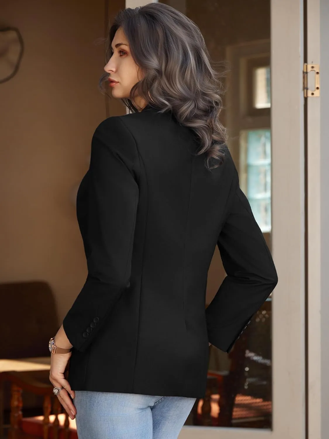 Women's Casual Business Blazer Notched Lapel One Button Open Front Long Sleeve Blazers Office Work Suit Jackets