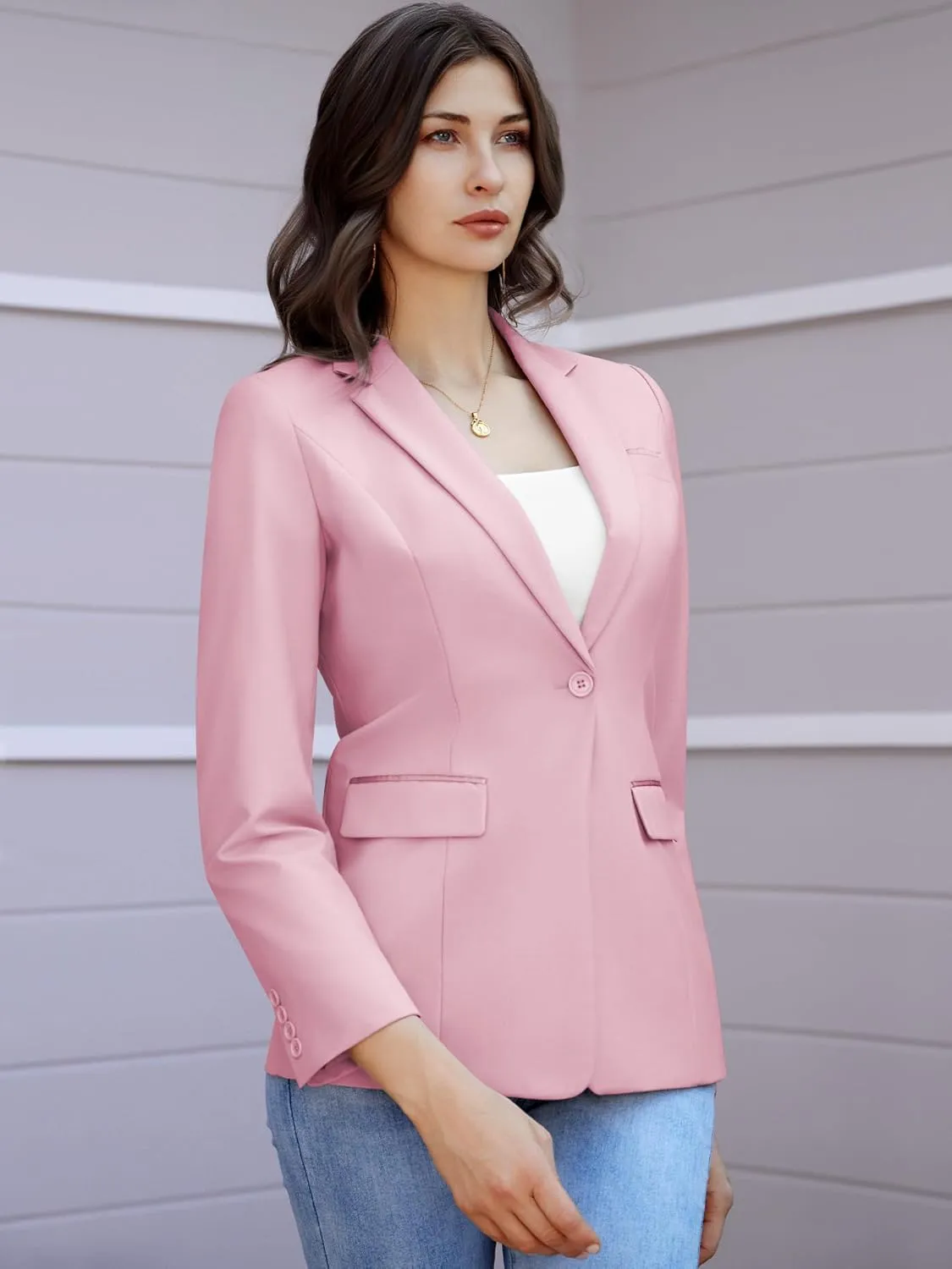 Women's Casual Business Blazer Notched Lapel One Button Open Front Long Sleeve Blazers Office Work Suit Jackets