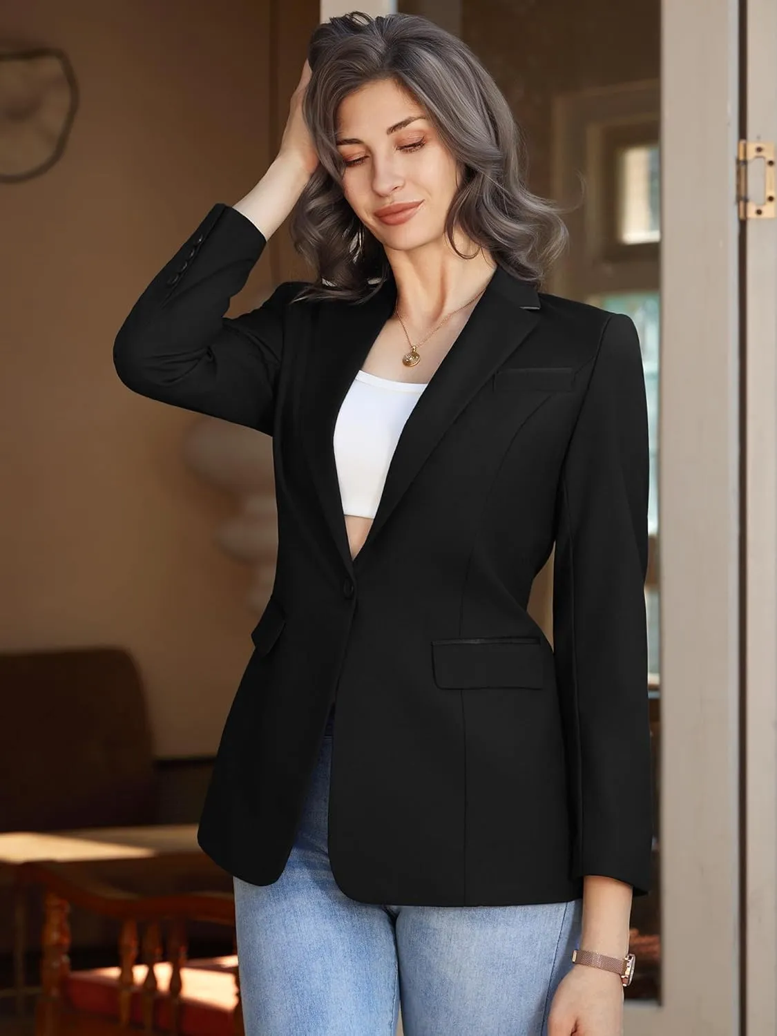 Women's Casual Business Blazer Notched Lapel One Button Open Front Long Sleeve Blazers Office Work Suit Jackets