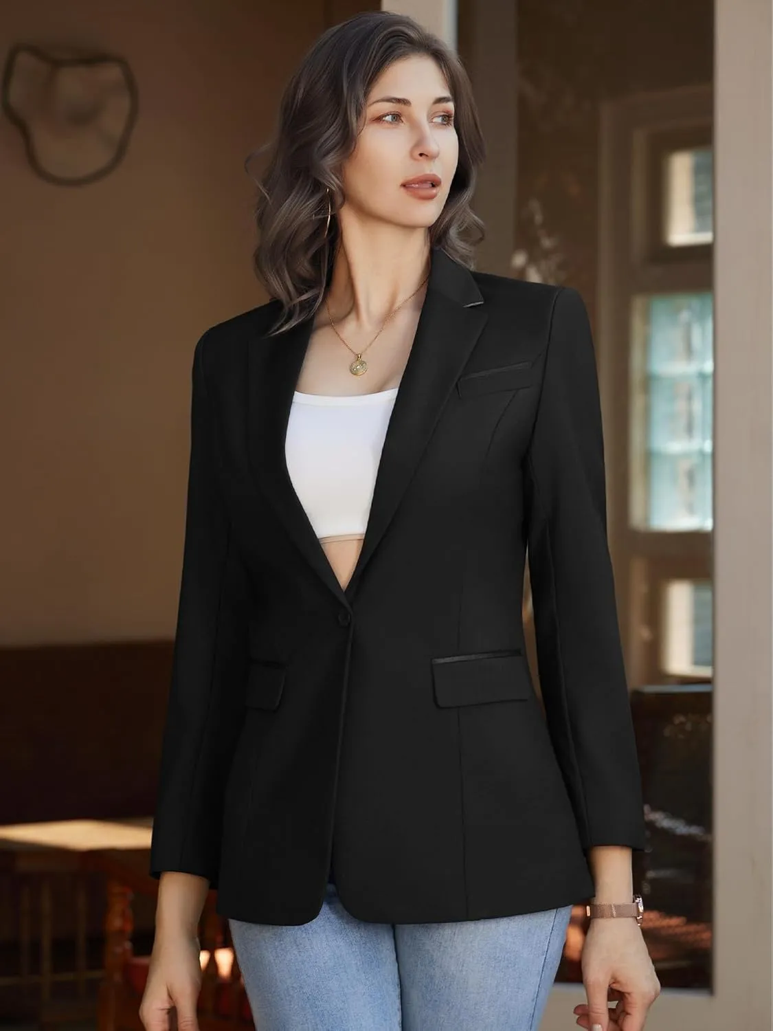 Women's Casual Business Blazer Notched Lapel One Button Open Front Long Sleeve Blazers Office Work Suit Jackets