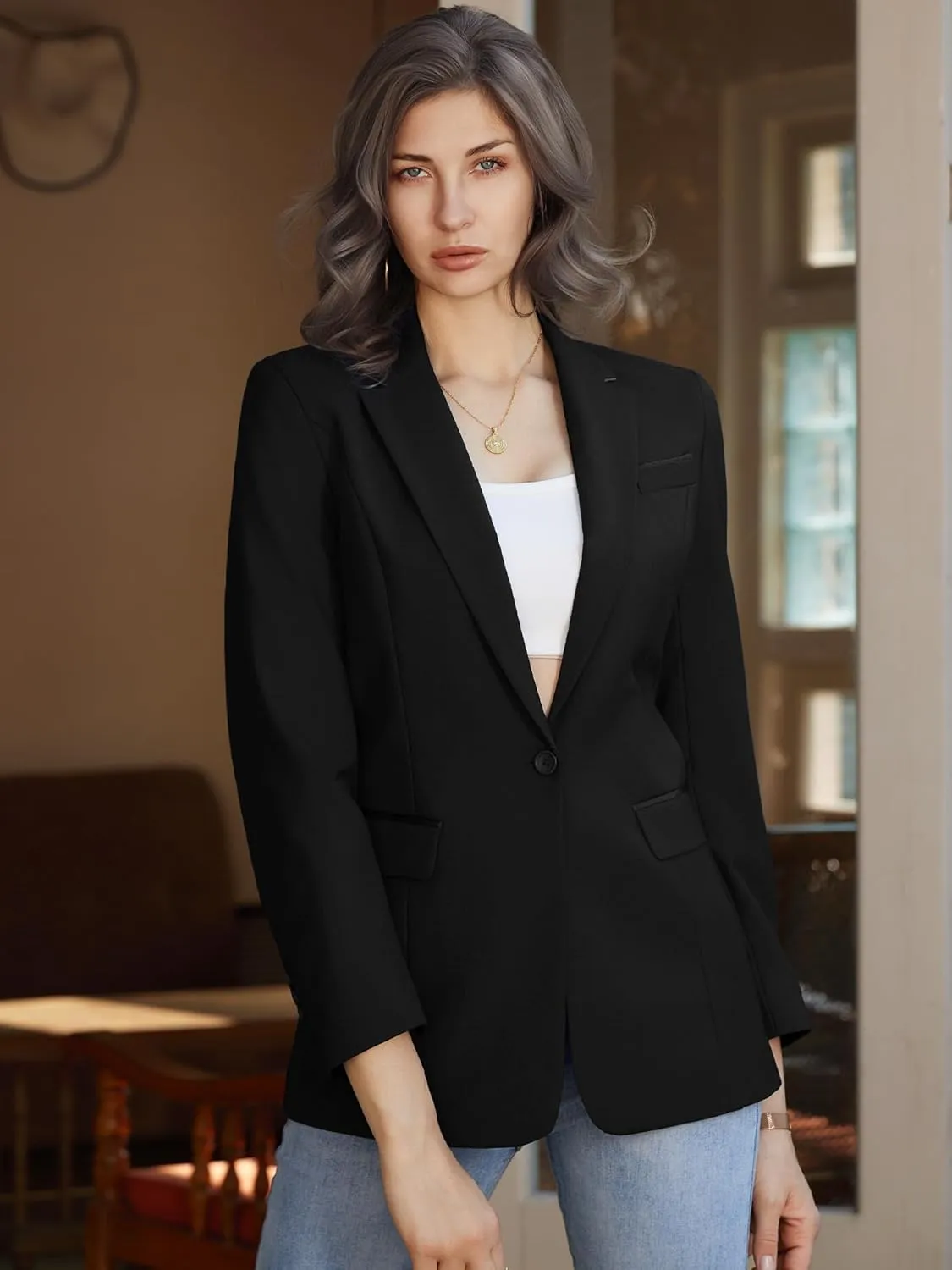 Women's Casual Business Blazer Notched Lapel One Button Open Front Long Sleeve Blazers Office Work Suit Jackets