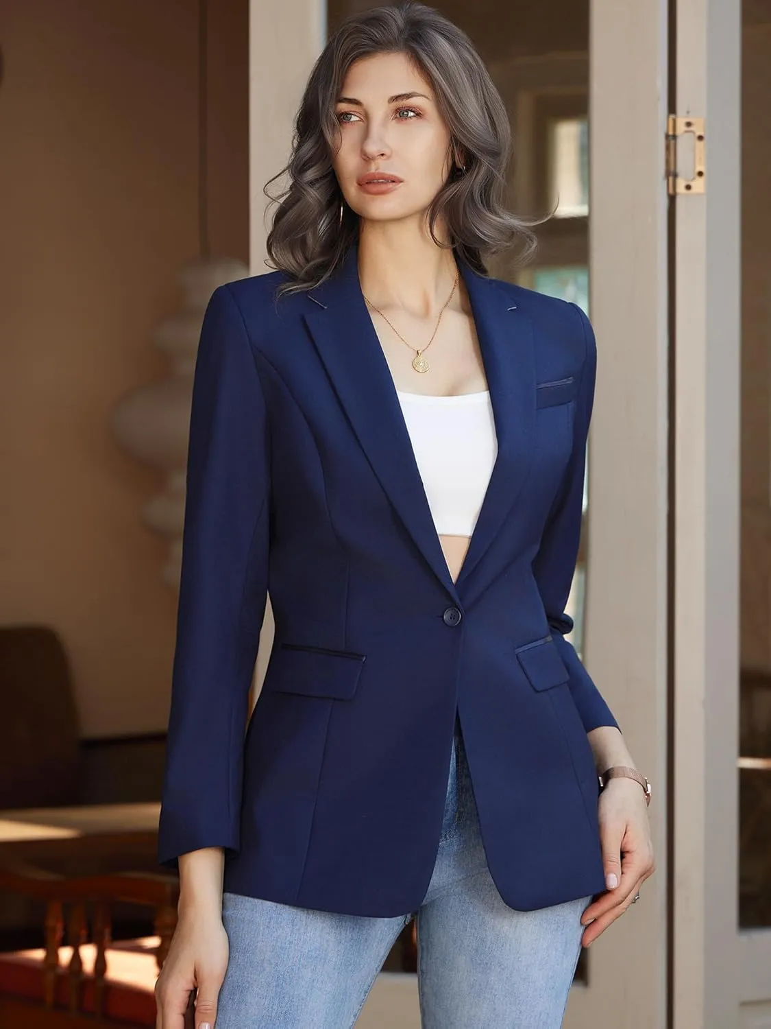 Women's Casual Business Blazer Notched Lapel One Button Open Front Long Sleeve Blazers Office Work Suit Jackets