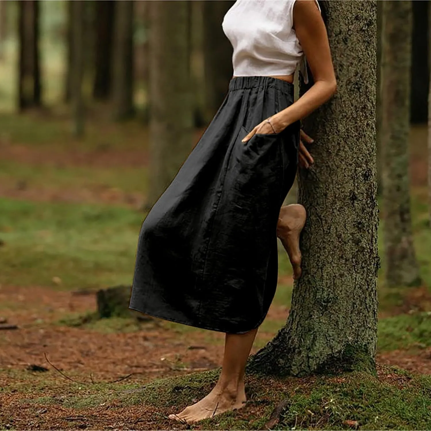Women's Casual Linen Skirts Elastic Waist Midi Skirts A Line Pleated Skirts with Pockets Beach Flowy Boho Skirts