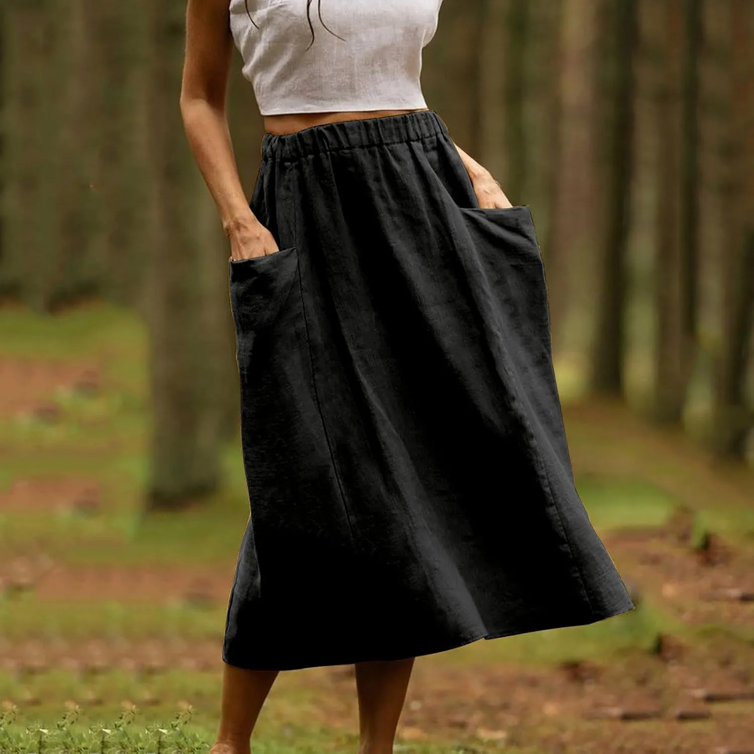 Women's Casual Linen Skirts Elastic Waist Midi Skirts A Line Pleated Skirts with Pockets Beach Flowy Boho Skirts