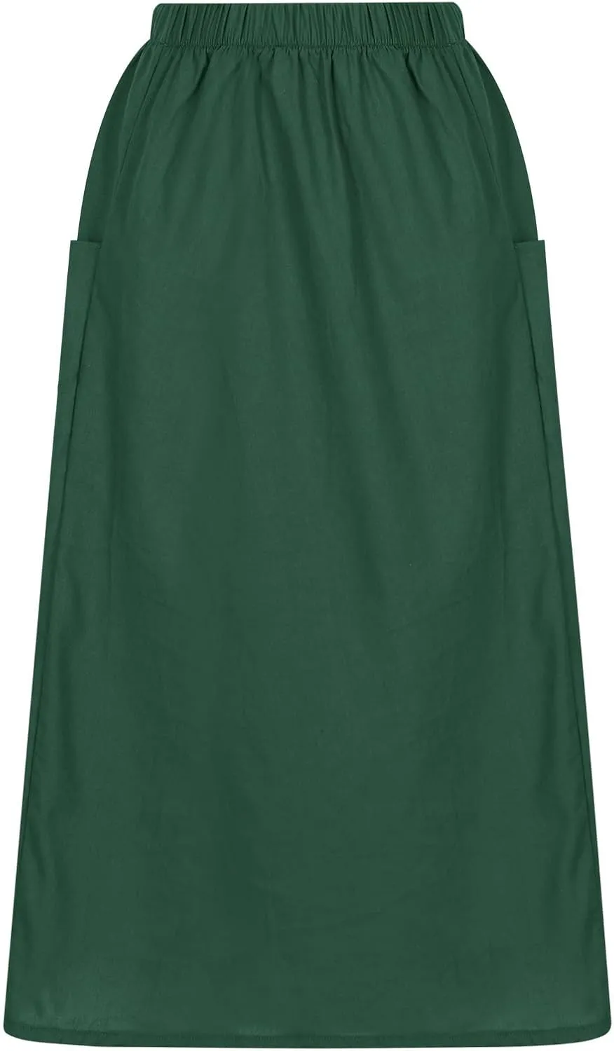 Women's Casual Linen Skirts Elastic Waist Midi Skirts A Line Pleated Skirts with Pockets Beach Flowy Boho Skirts