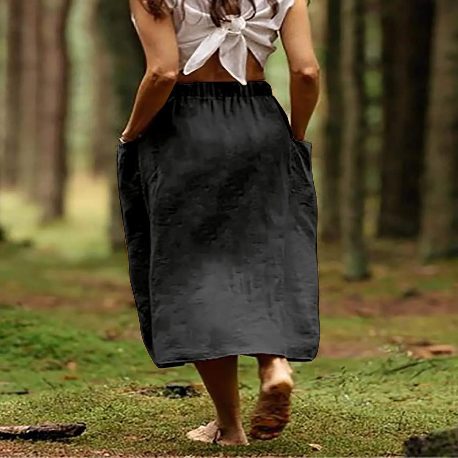 Women's Casual Linen Skirts Elastic Waist Midi Skirts A Line Pleated Skirts with Pockets Beach Flowy Boho Skirts