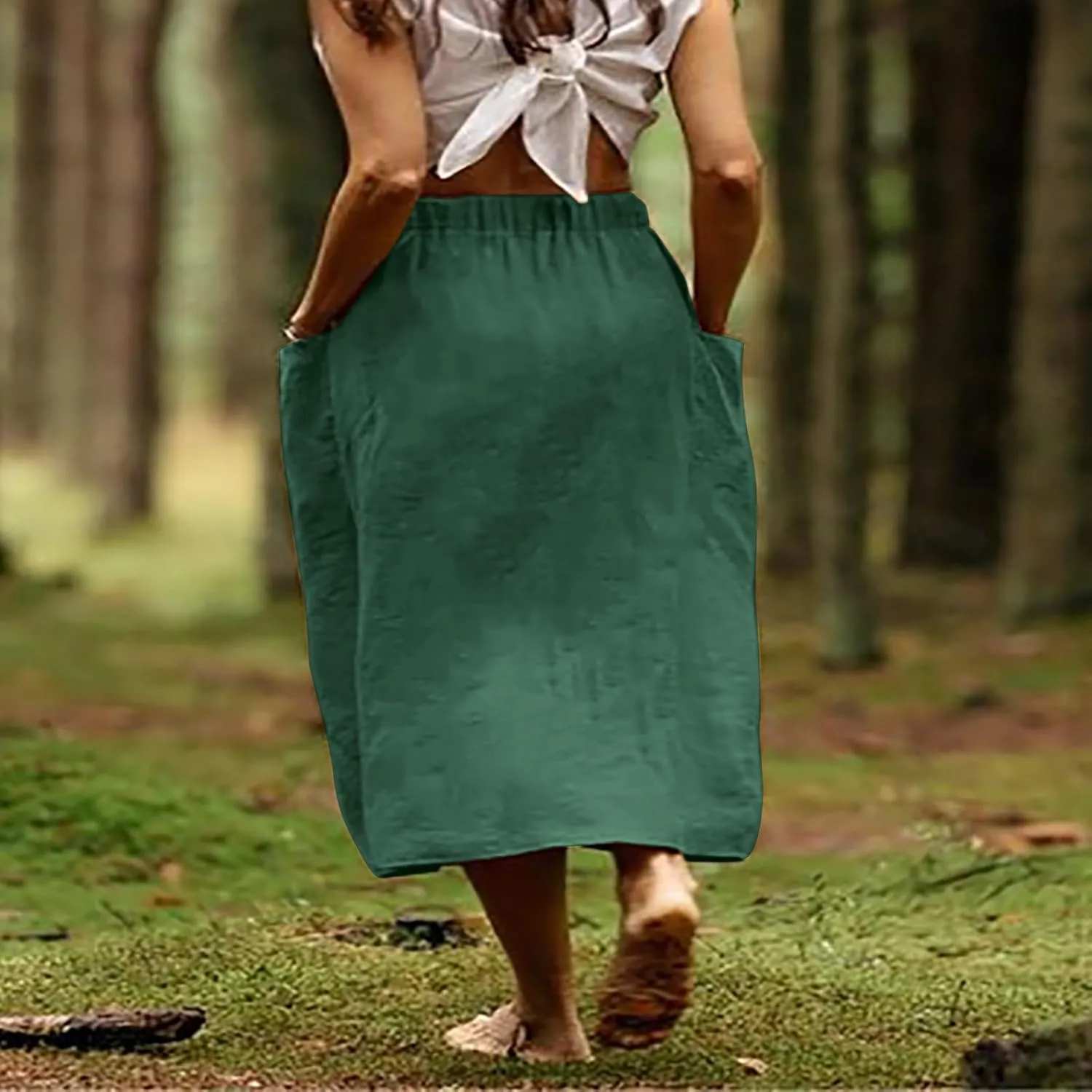 Women's Casual Linen Skirts Elastic Waist Midi Skirts A Line Pleated Skirts with Pockets Beach Flowy Boho Skirts