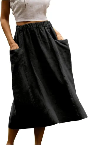Women's Casual Linen Skirts Elastic Waist Midi Skirts A Line Pleated Skirts with Pockets Beach Flowy Boho Skirts