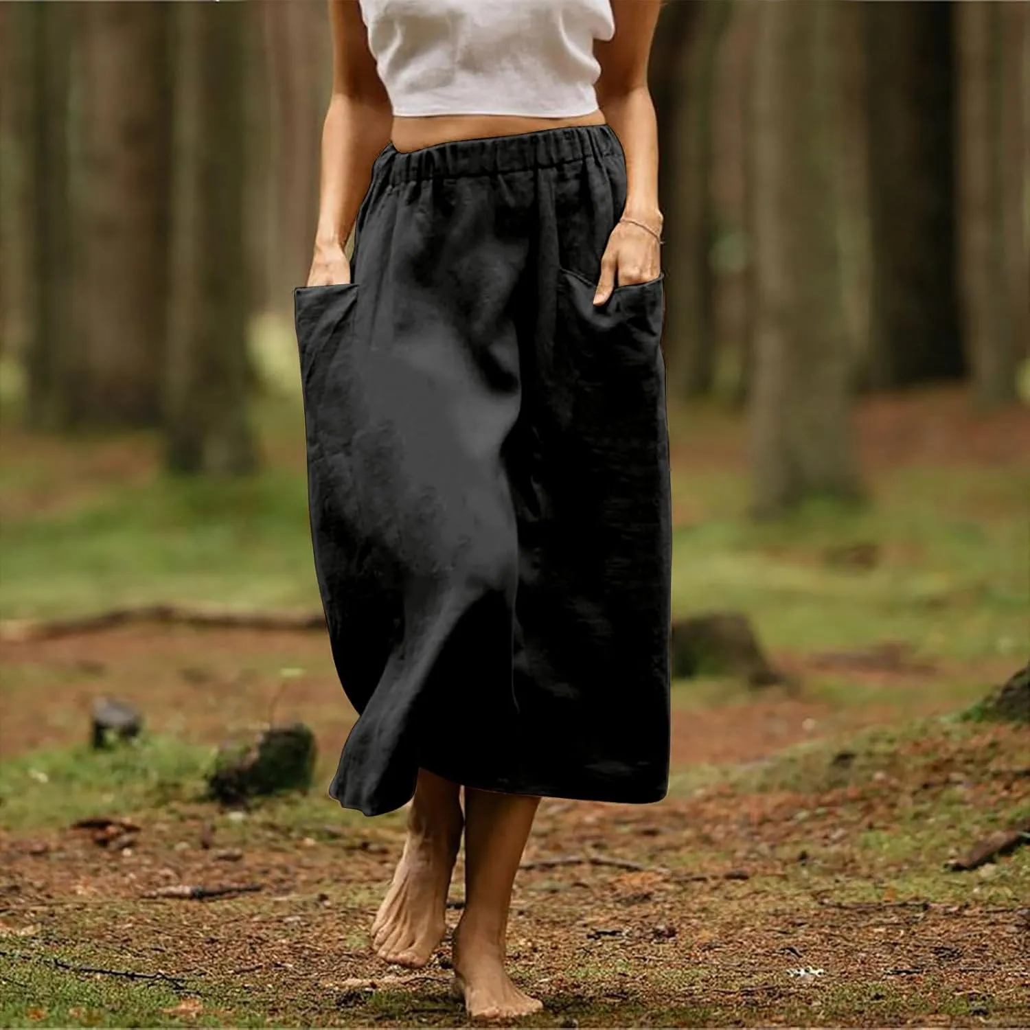 Women's Casual Linen Skirts Elastic Waist Midi Skirts A Line Pleated Skirts with Pockets Beach Flowy Boho Skirts