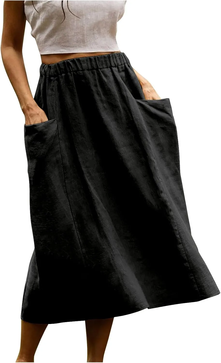 Women's Casual Linen Skirts Elastic Waist Midi Skirts A Line Pleated Skirts with Pockets Beach Flowy Boho Skirts