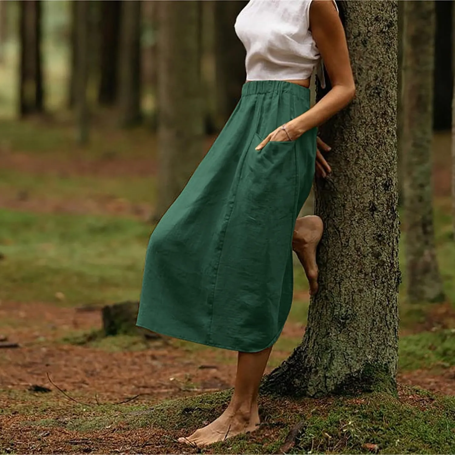 Women's Casual Linen Skirts Elastic Waist Midi Skirts A Line Pleated Skirts with Pockets Beach Flowy Boho Skirts