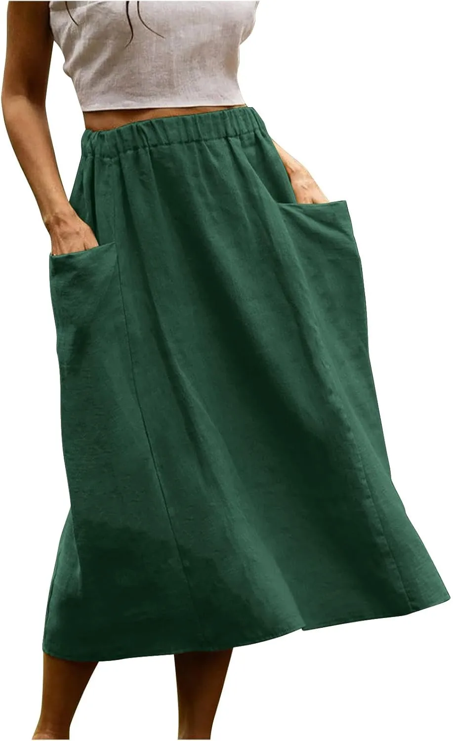 Women's Casual Linen Skirts Elastic Waist Midi Skirts A Line Pleated Skirts with Pockets Beach Flowy Boho Skirts