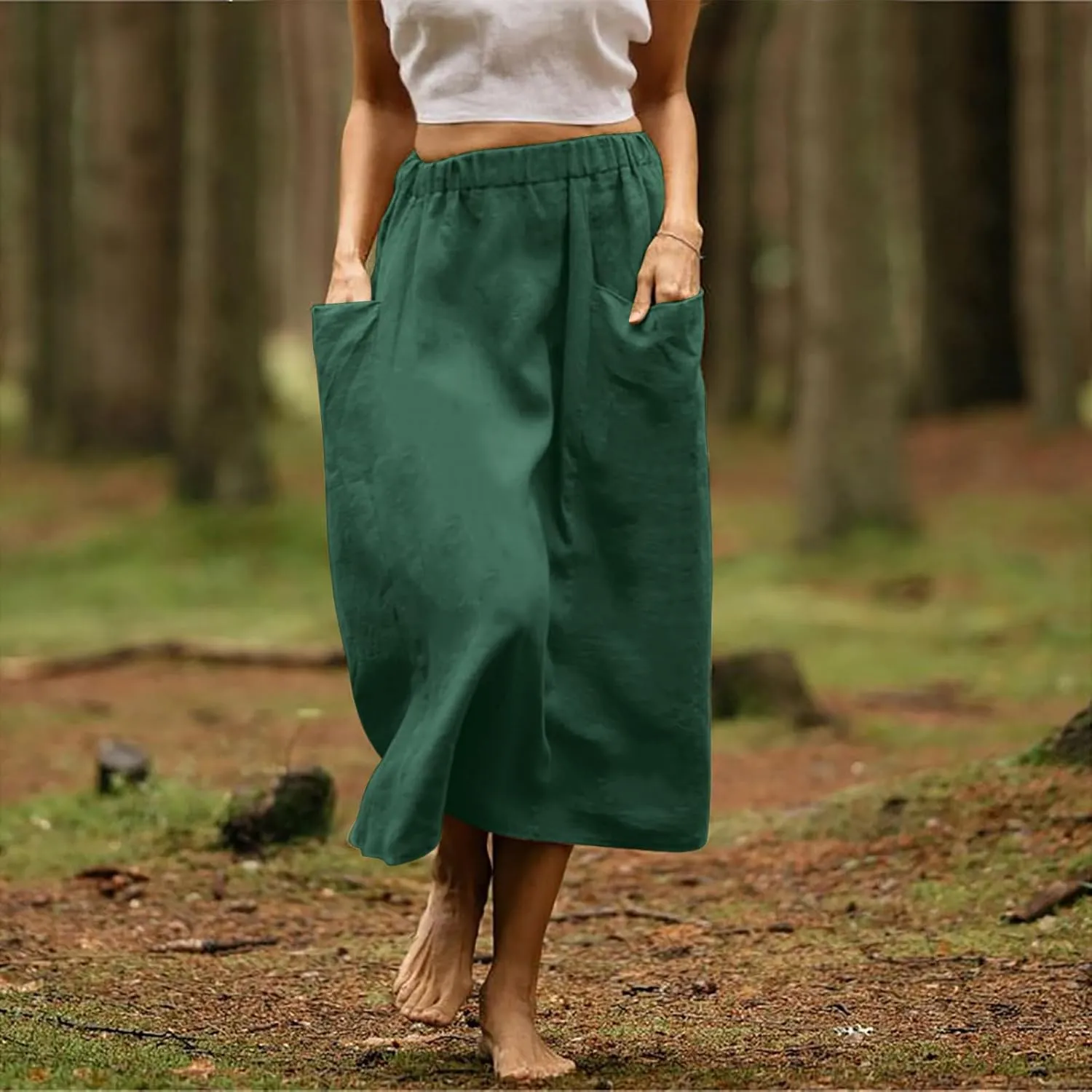 Women's Casual Linen Skirts Elastic Waist Midi Skirts A Line Pleated Skirts with Pockets Beach Flowy Boho Skirts