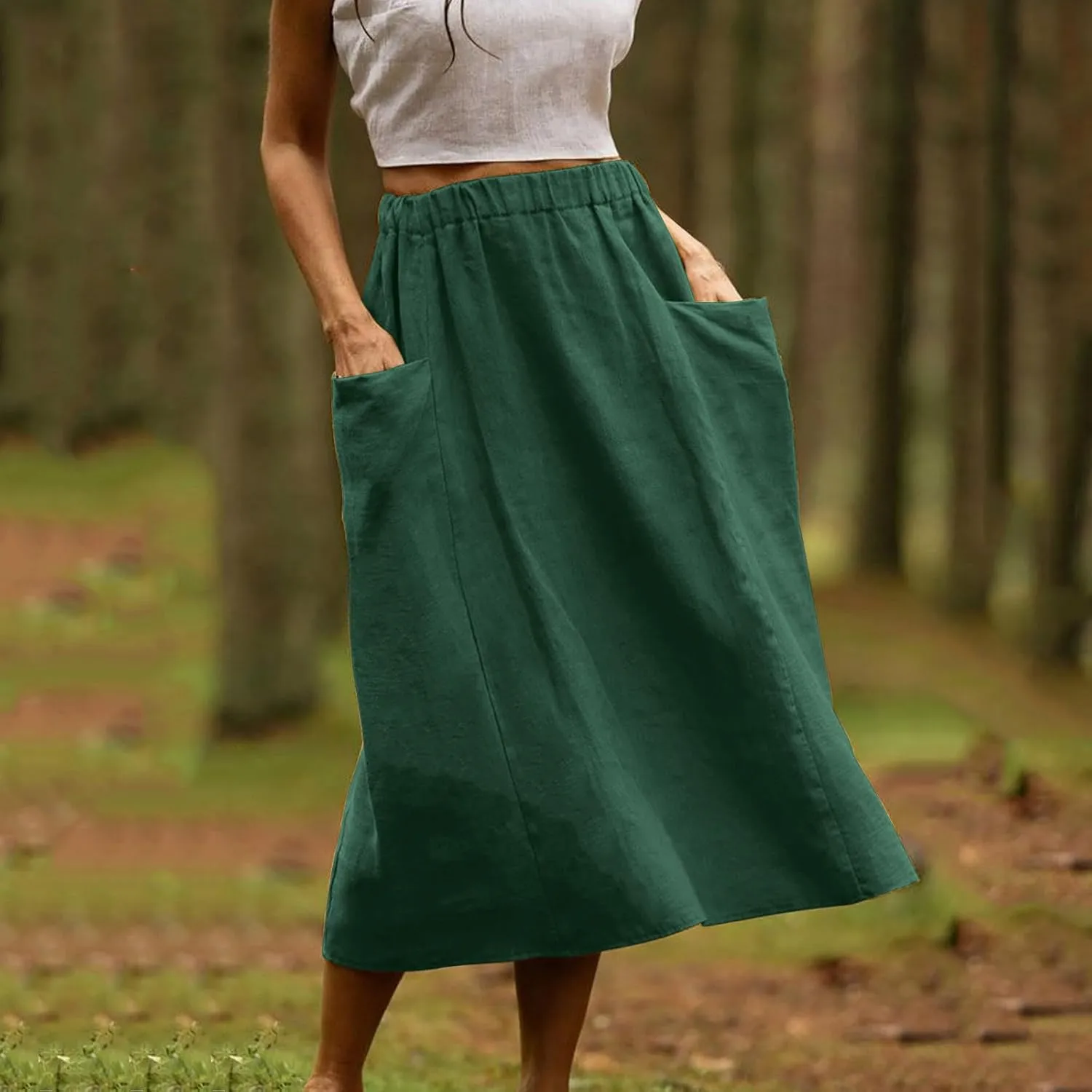 Women's Casual Linen Skirts Elastic Waist Midi Skirts A Line Pleated Skirts with Pockets Beach Flowy Boho Skirts