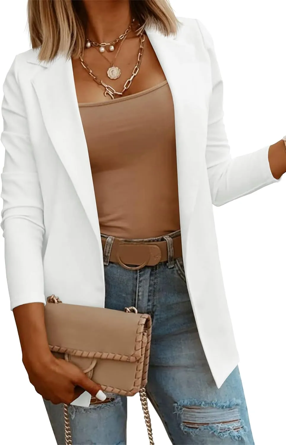 Womens Casual Long Sleeve Blazers Solid Color Knit Blazer Work Office Open Front Blazer Jacket