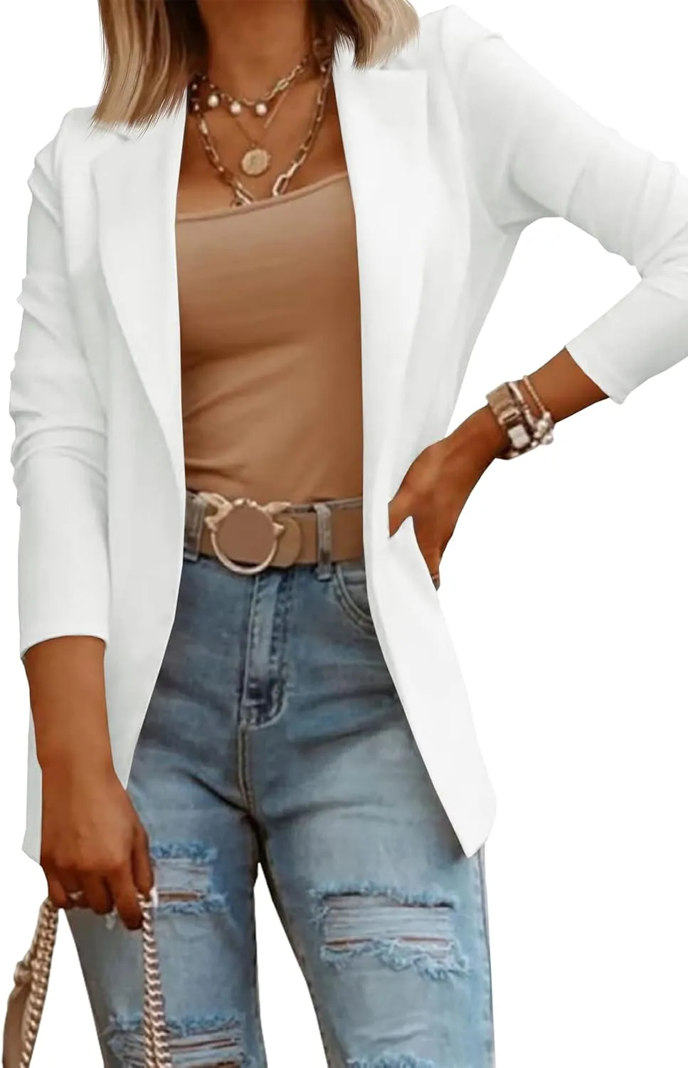 Womens Casual Long Sleeve Blazers Solid Color Knit Blazer Work Office Open Front Blazer Jacket
