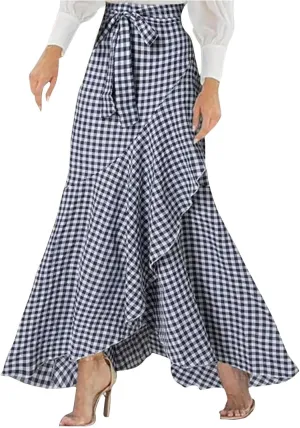 Womens Casual Mermaid Maxi Wrap Skirt A-Line Irregular Ruffle Hem Fishtail Long Skirts Elastic Tie Waist Work Clothes