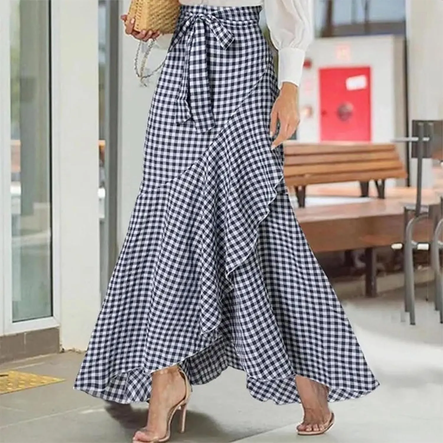 Womens Casual Mermaid Maxi Wrap Skirt A-Line Irregular Ruffle Hem Fishtail Long Skirts Elastic Tie Waist Work Clothes