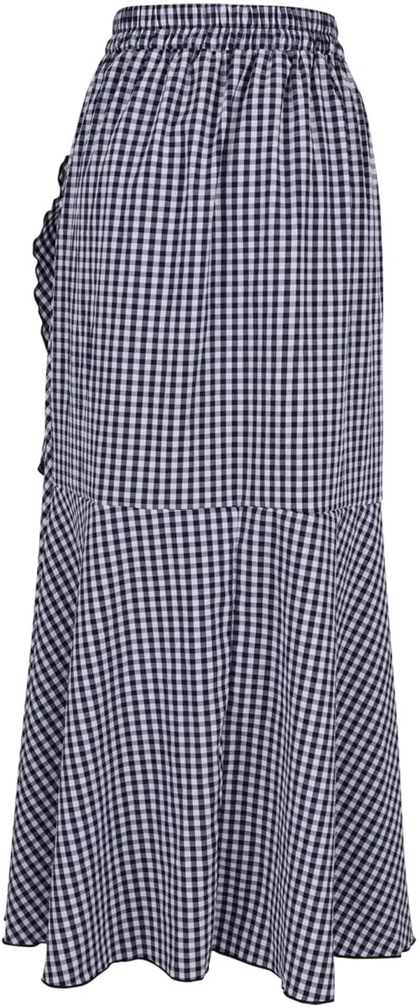Womens Casual Mermaid Maxi Wrap Skirt A-Line Irregular Ruffle Hem Fishtail Long Skirts Elastic Tie Waist Work Clothes