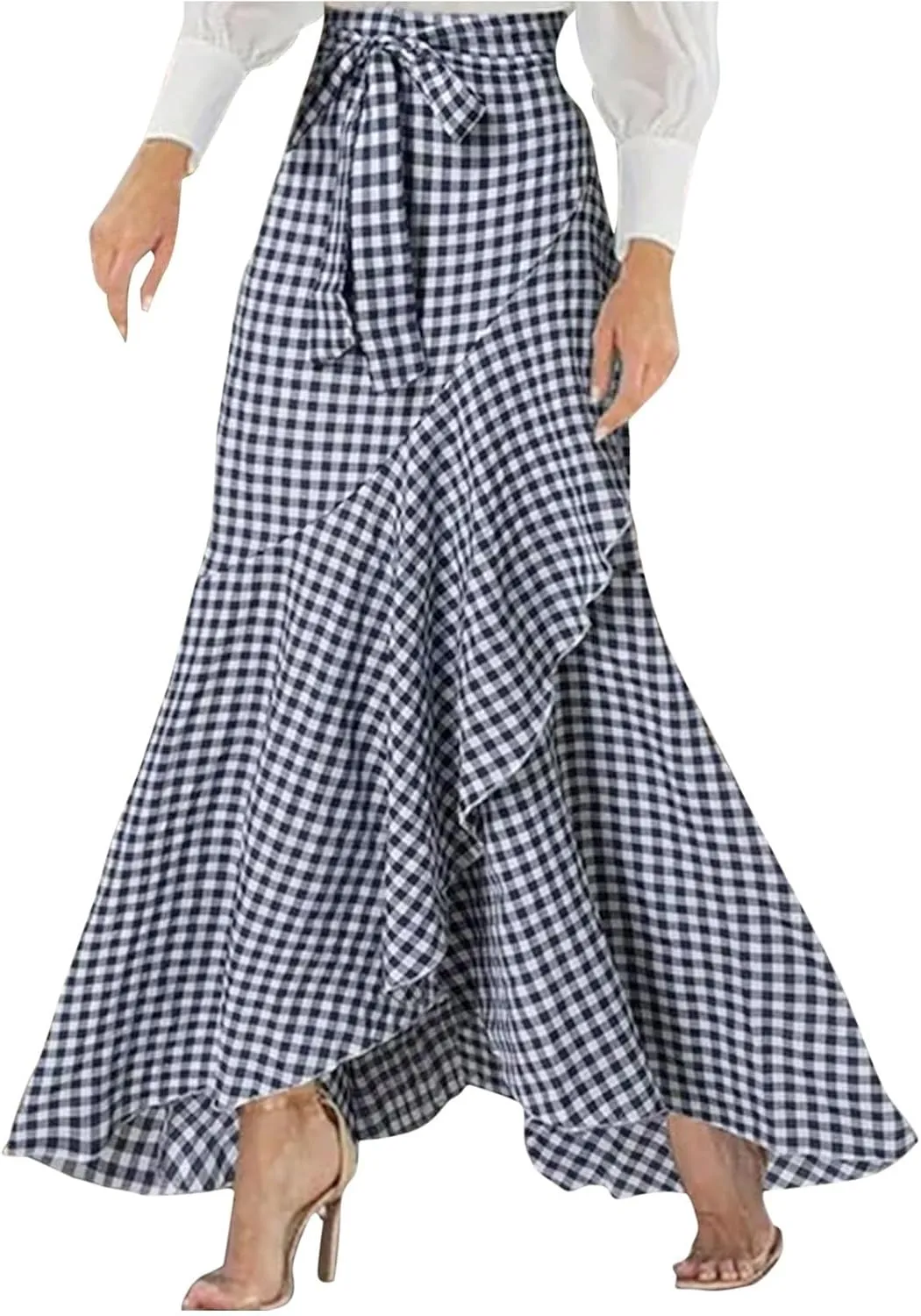 Womens Casual Mermaid Maxi Wrap Skirt A-Line Irregular Ruffle Hem Fishtail Long Skirts Elastic Tie Waist Work Clothes