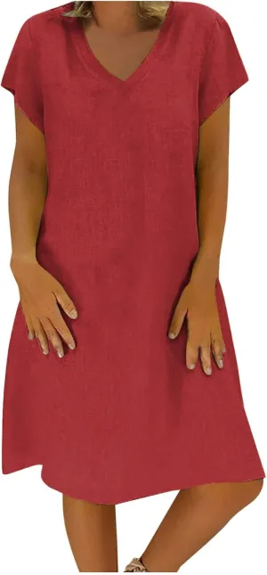 Women's Cotton Linen Dresses Summer Cup Sleeve Comfy Travel Sundresses Beach Wear Trendy Spring Vacation Clothes 2025
