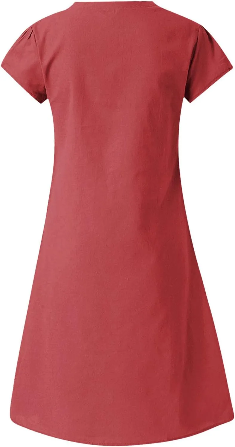 Women's Cotton Linen Dresses Summer Cup Sleeve Comfy Travel Sundresses Beach Wear Trendy Spring Vacation Clothes 2025
