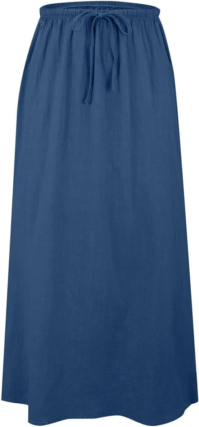 Womens Cotton Linen Maxi Skirt Trendy Boho Spring Summmer A Line Skirts Drawstring Waist Long Flowy Skirts