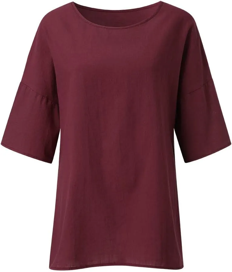 Women's Cotton Linen Tops Ladies Summer Fashion Crop Sleeves Loose T-shirts Crew Neck Tees Blouse Pullover Shirts Yellow