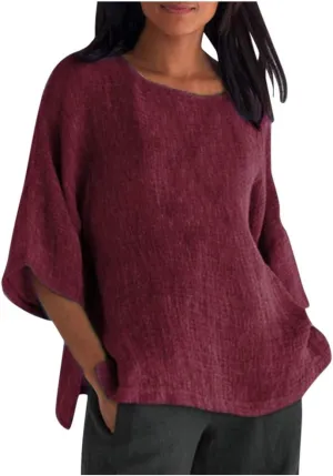 Women's Cotton Linen Tops Ladies Summer Fashion Crop Sleeves Loose T-shirts Crew Neck Tees Blouse Pullover Shirts Yellow