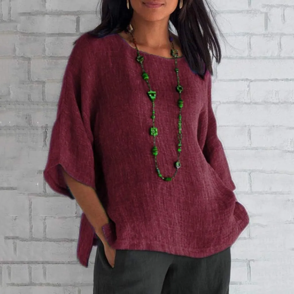 Women's Cotton Linen Tops Ladies Summer Fashion Crop Sleeves Loose T-shirts Crew Neck Tees Blouse Pullover Shirts Yellow