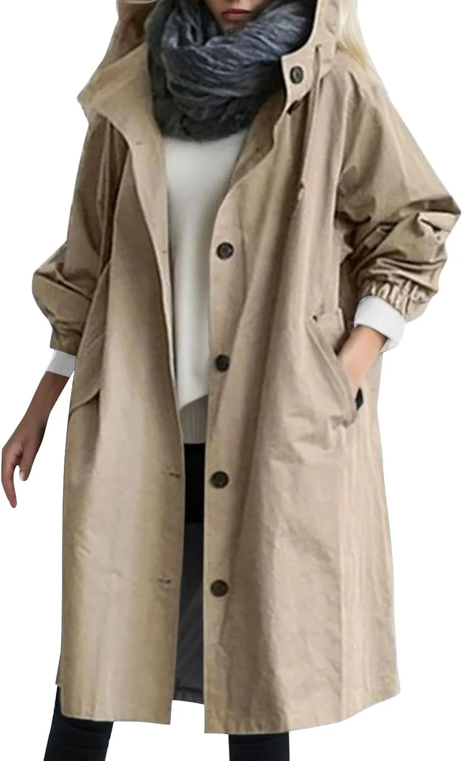 Women's Double Breasted Long Trench Coat Windproof Classic Lapel Slim Overcoat with Belt